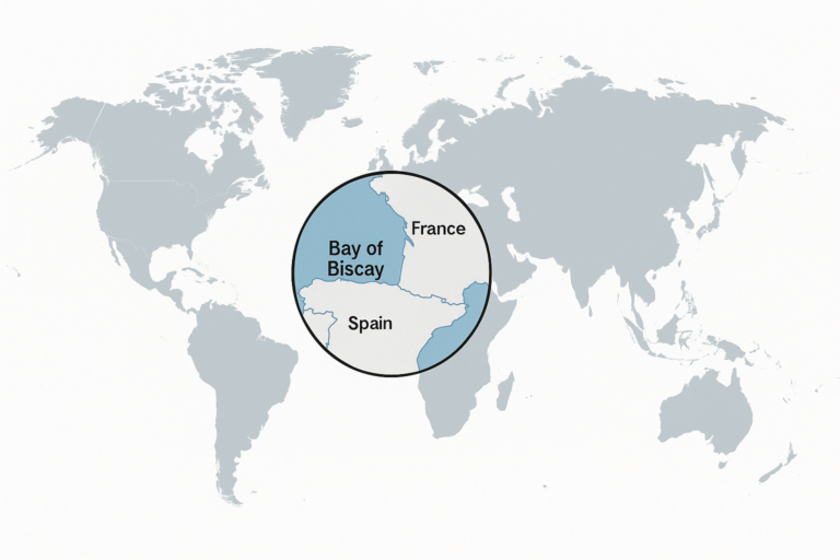 Map showing the Bay of Biscay with France to the north and Spain to the south, illustrating the region where the France–Spain electricity interconnection is located.