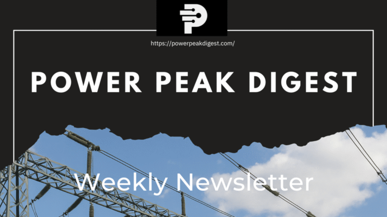 Power Peak Digest weekly newsletter banner with transmission lines and a clouded sky.