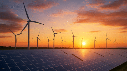 Rows of solar panels and multiple wind turbines under a vibrant sunset sky, symbolizing clean energy generation.