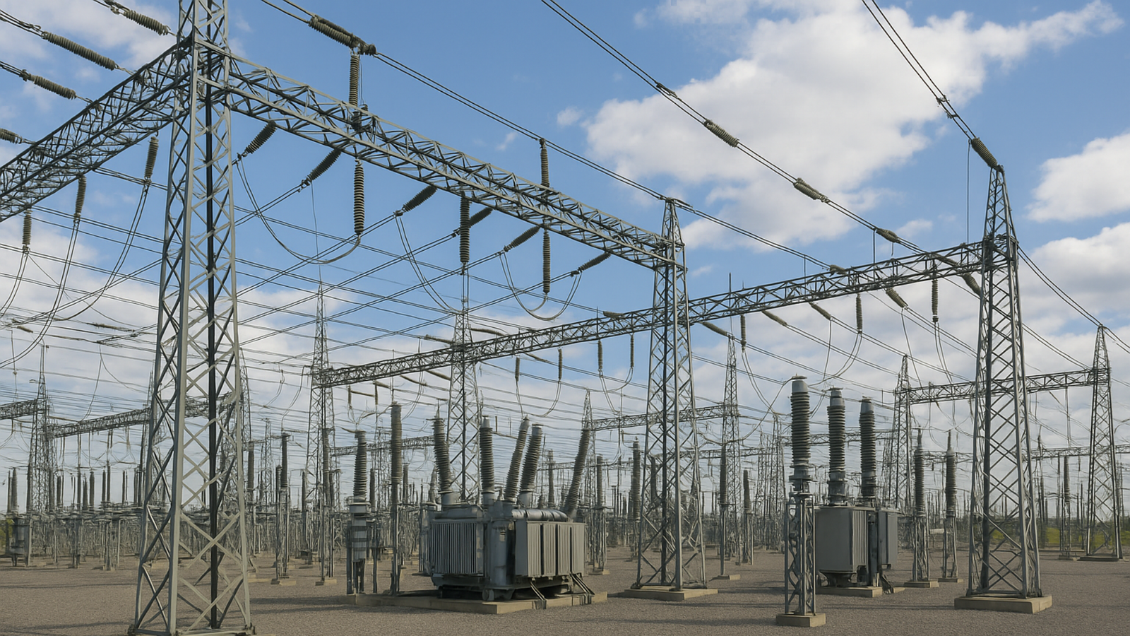 Wide view of a large electrical substation with transformers and power lines
