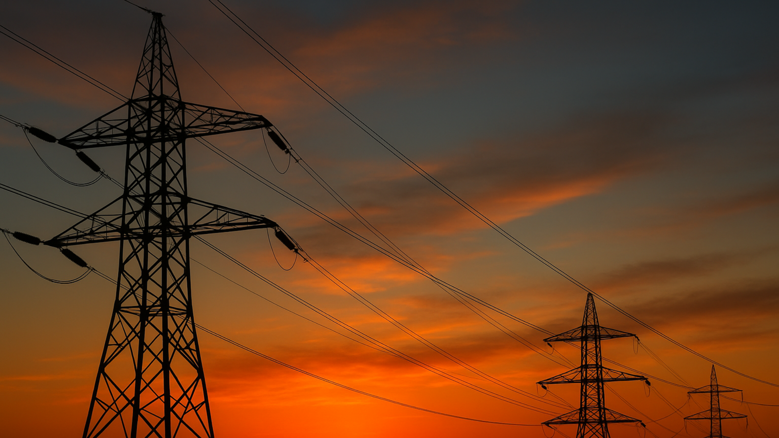 Silhouettes of high-voltage electricity pylons and power lines against an orange-red sunset sky
