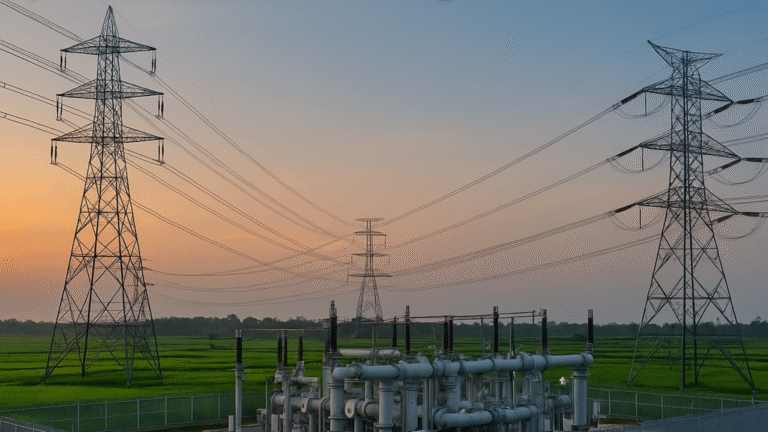 High-voltage transmission towers and substation infrastructure.
