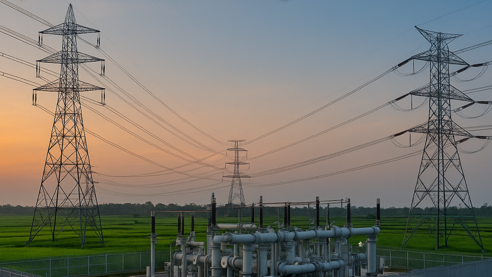 High-voltage transmission towers and substation infrastructure.