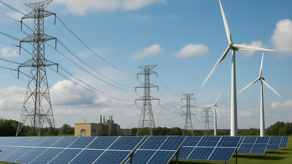 A solar farm with photovoltaic panels in the foreground, wind turbines to the right, and high-voltage transmission towers leading to a power substation under a partly cloudy sky.