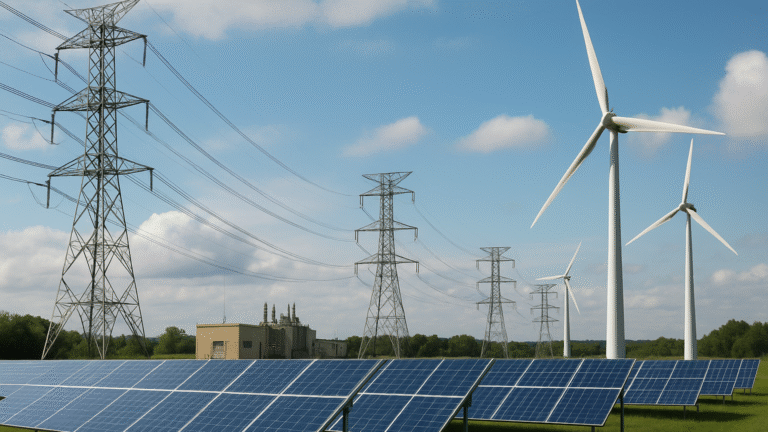 A solar farm with photovoltaic panels in the foreground, wind turbines to the right, and high-voltage transmission towers leading to a power substation under a partly cloudy sky.