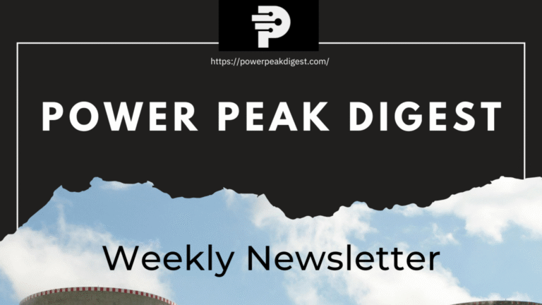 Power Peak Digest weekly newsletter banner with torn black top, sky background, and cooling tower image.
