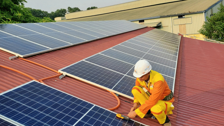 Technician installing solar panels on a rooftop in Gujarat.