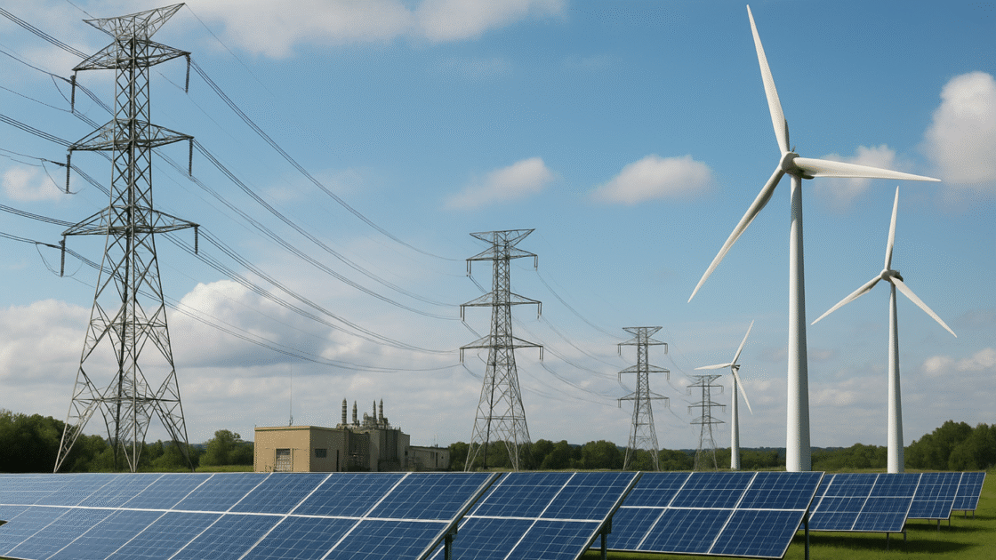 Solar panels, wind turbines, and transmission towers representing renewable energy integration in India’s power sector.