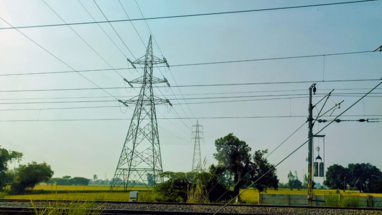 EHV transmission towers and railway power lines across farmland in India.