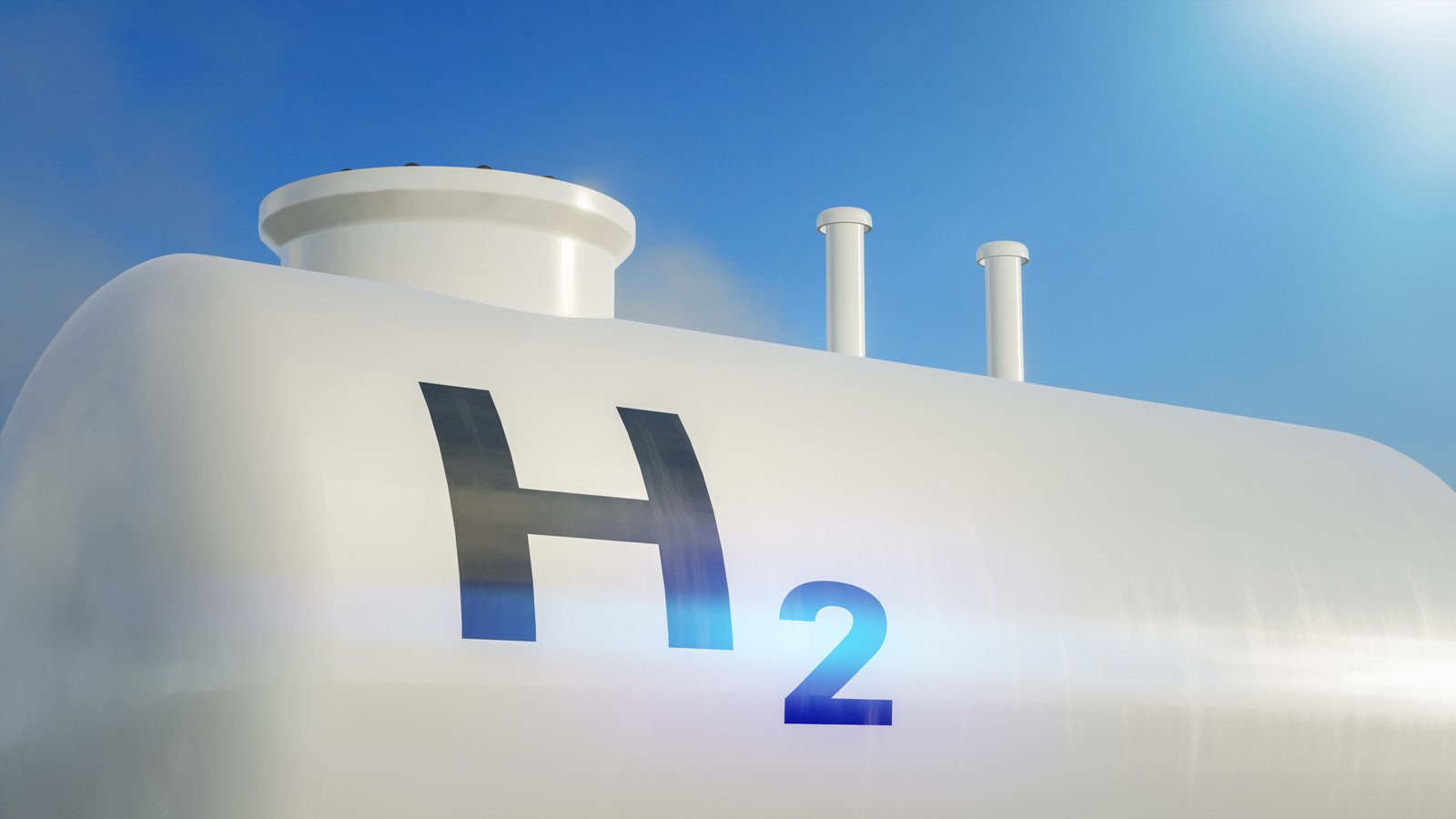 Image displaying modern hydrogen tanks with H2 written on them.