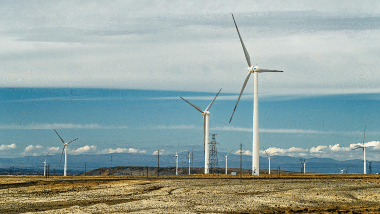 Wind turbines operating in an open landscape with transmission towers and power lines in the background.