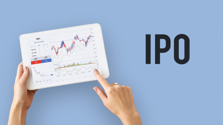 Person holding a tablet showing stock market charts with the word IPO on a blue background.
