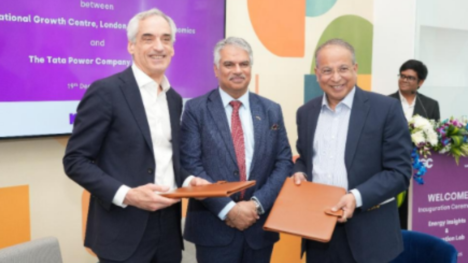 Senior representatives from Tata Power, the London School of Economics and Political Science, and the International Growth Centre pose with signed documents at the inauguration of the Energy Insights and Innovation Lab at Tata Power’s Mumbai headquarters on 19 December 2025.