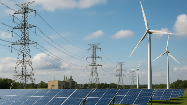 Solar panels in the foreground with wind turbines and transmission towers in a power generation landscape.
