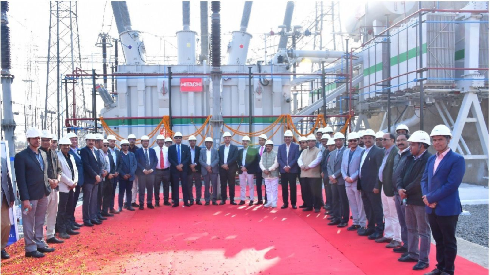 Senior officials of Power Grid Corporation of India (PGCIL) and partner companies stand in front of India’s first 315 MVA, 400/220/33 kV synthetic ester oil-filled transformer at the Bhiwadi substation in Rajasthan during the commissioning ceremony.