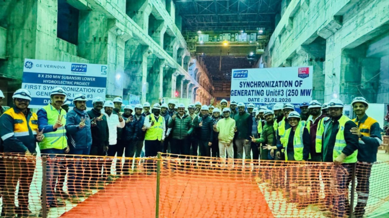 NHPC engineers and project staff at the Subansiri Lower Hydroelectric Project during the synchronisation of Unit 3, a 250 MW generating unit, with the national grid on 21 January 2026.