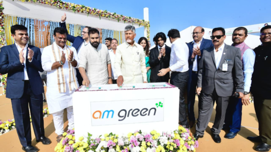 Andhra Pradesh Chief Minister N. Chandrababu Naidu and Deputy Chief Minister K. Pawan Kalyan perform bhumi puja at AM Green’s green ammonia project site in Kakinada on 17 January 2026.