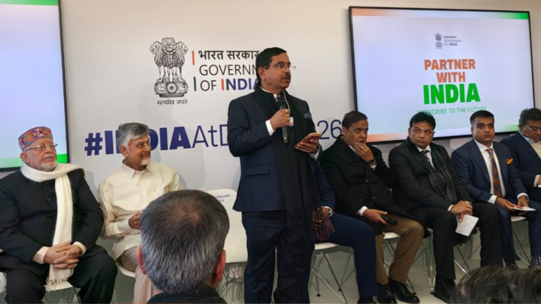 Union Minister for New and Renewable Energy Pralhad Joshi speaking at the World Economic Forum Annual Meeting 2026 in Davos, with Government of India branding visible in the background.
