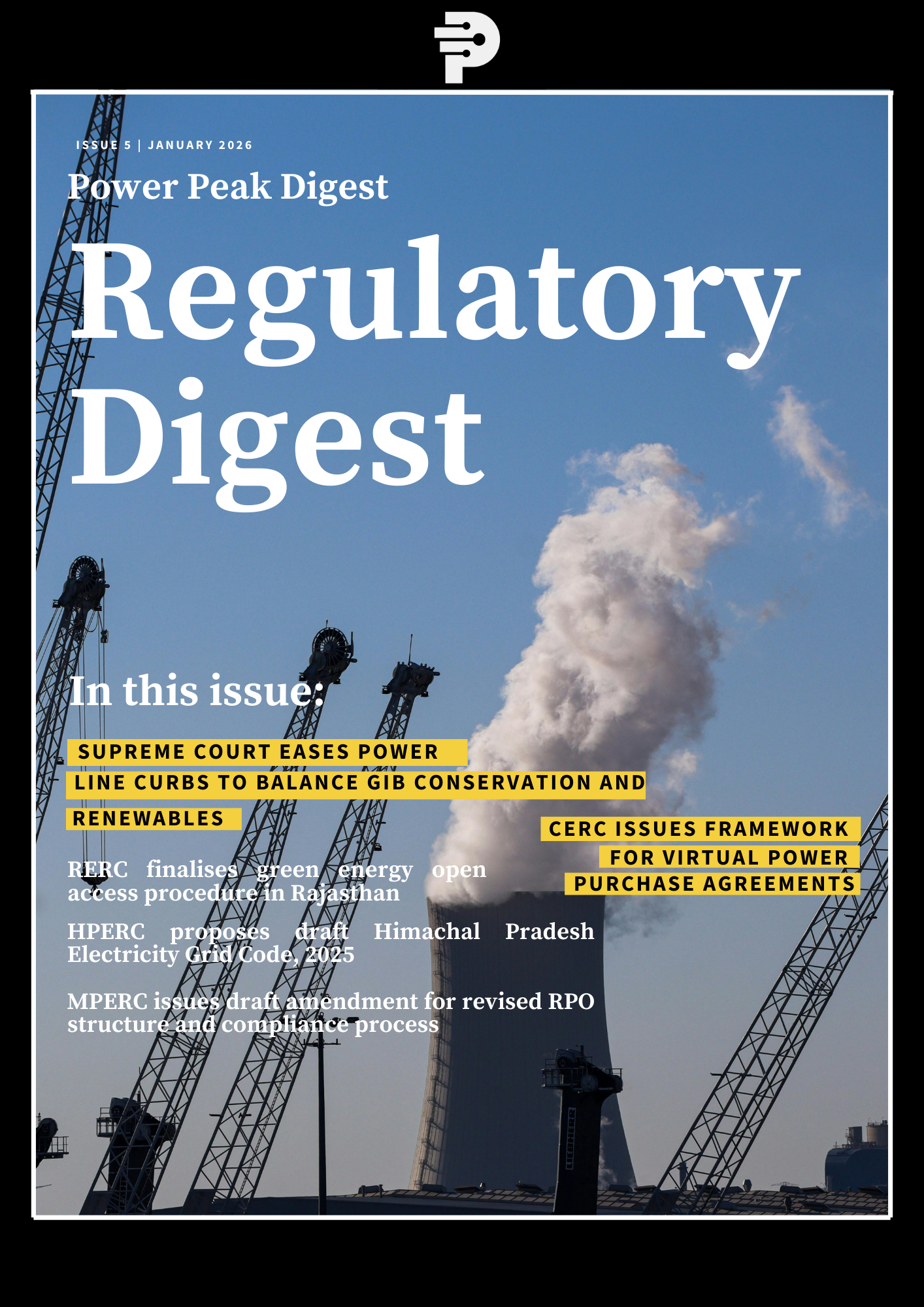 Cover page of Power Peak Digest Regulatory Digest, Issue 5, January 2026, showing transmission towers and a power plant chimney against a blue sky, highlighting key regulatory and court developments in India’s power sector.