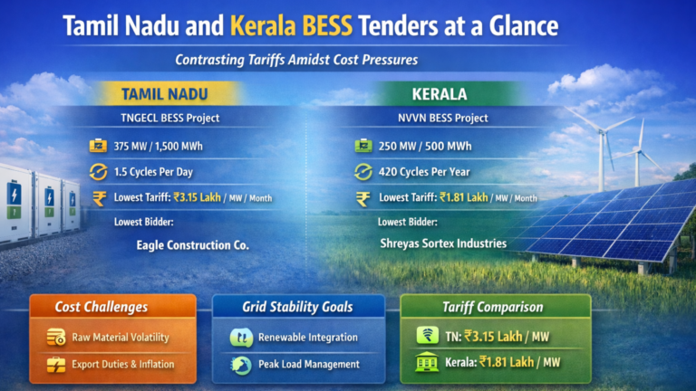 Infographic comparing Battery Energy Storage System tenders in Tamil Nadu and Kerala, showing project size, cycles, lowest tariffs, bidders, and grid stability objectives.