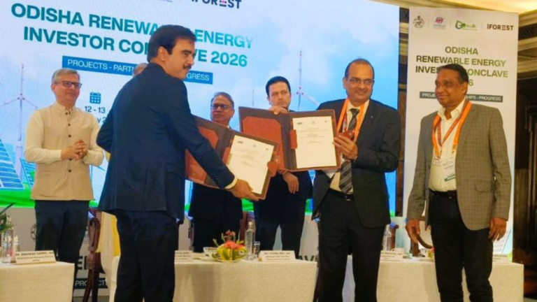 Officials of NHPC Limited and GRIDCO exchange signed MoU documents at the Odisha Renewable Energy Investor Conclave 2026 in Bhubaneswar on February 12, 2026.