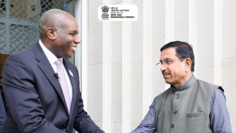 Union Minister for New and Renewable Energy Pralhad Joshi meets UK Deputy Prime Minister David Lammy during the launch of the India–UK Offshore Wind Taskforce at the Ministry of New and Renewable Energy.