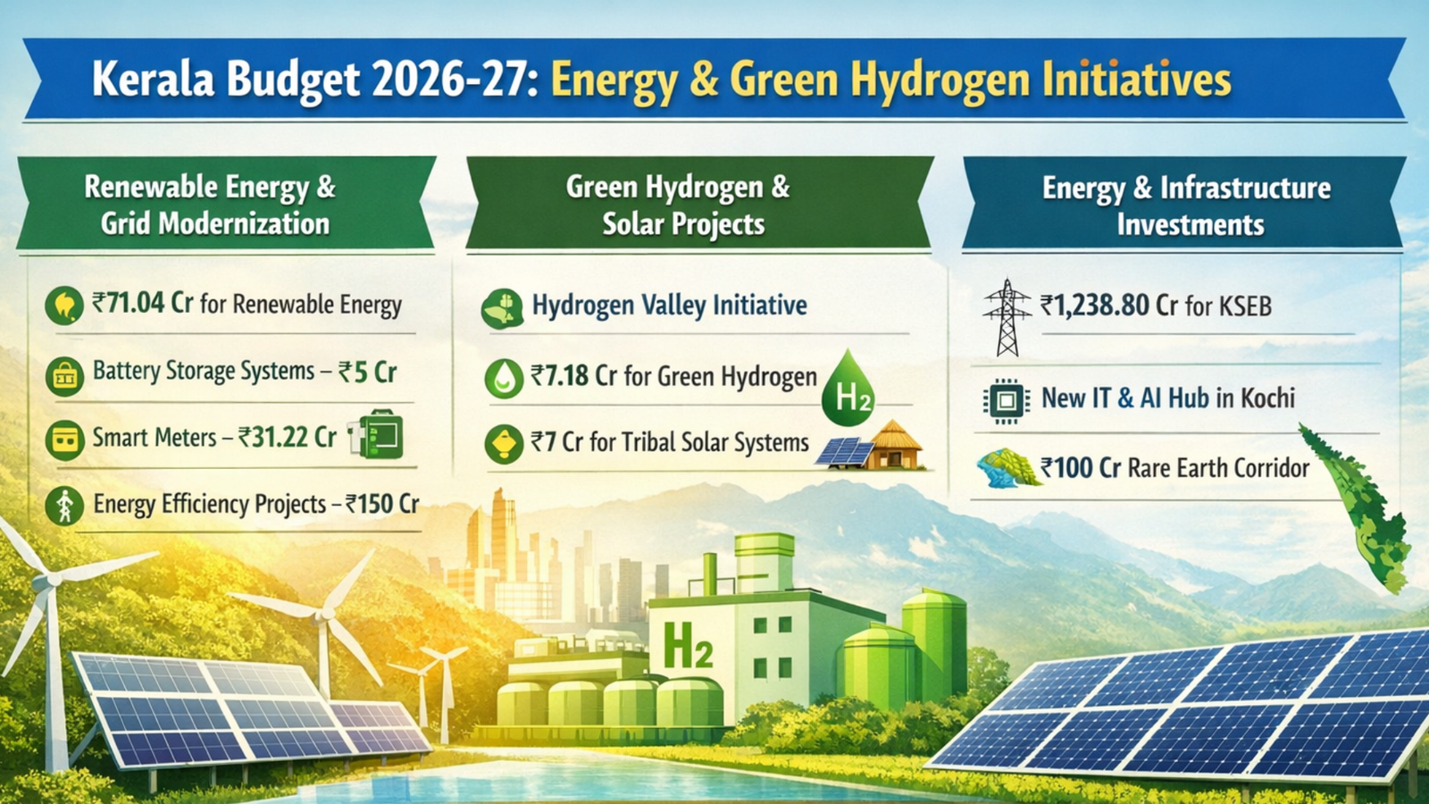 Infographic summarising Kerala Budget 2026-27 allocations for renewable energy, grid modernisation, green hydrogen, solar projects, and power sector investments.