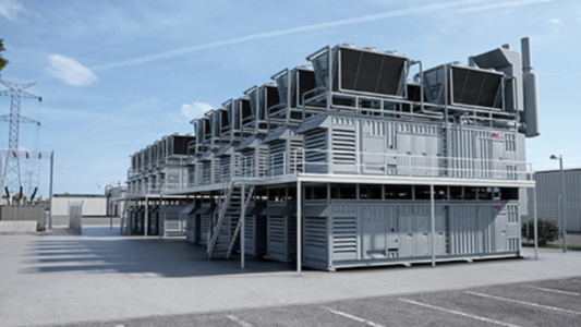 Containerised modular gas engine power plant units arranged in multiple rows at an industrial site, designed for rapid deployment and grid connection.