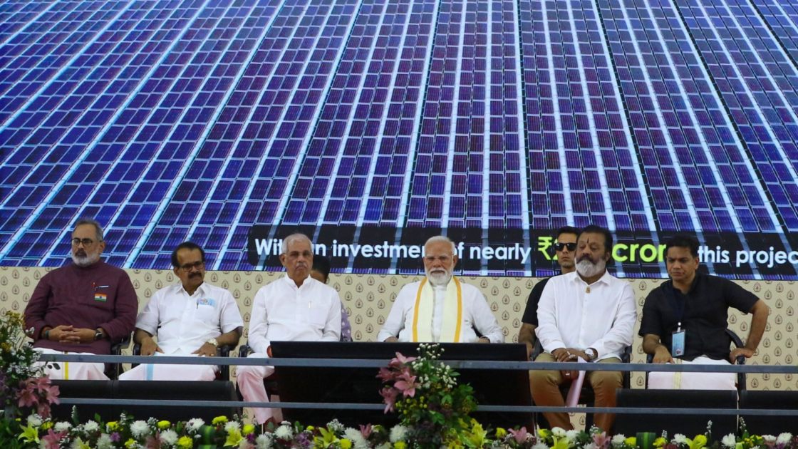 Prime Minister Narendra Modi at the foundation stone ceremony for the 50 MW floating solar project at West Kallada, Kerala, developed by NHPC Limited under the MNRE Solar Park Scheme.