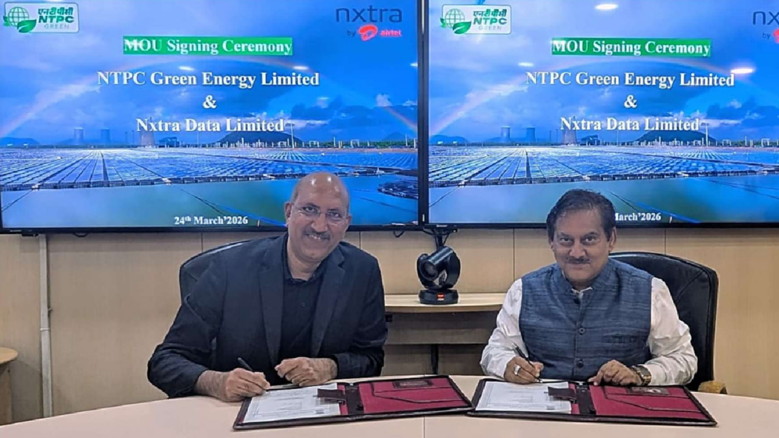 NTPC Green Energy and Nxtra Data officials signing MoU at NTPC Bhawan, New Delhi on March 24, 2026 for renewable energy supply to data centres