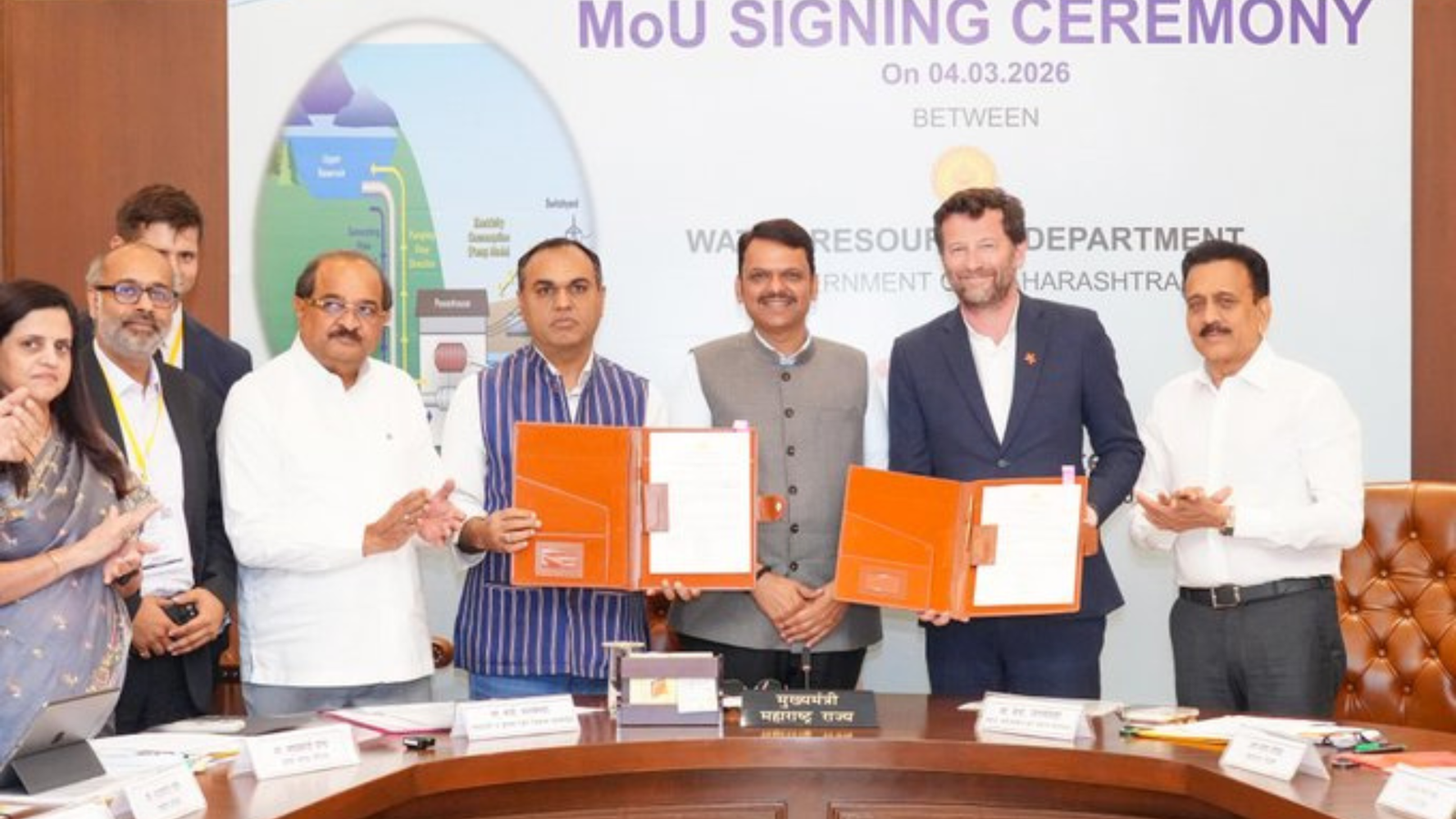 Devendra Fadnavis with state officials and EDF Power Solutions India representatives during the MoU signing between Maharashtra’s Water Resources Department and Chambery Power Private Limited for the 2,100 MW Pimpalpada–Savale Pumped Storage Project on March 4, 2026.