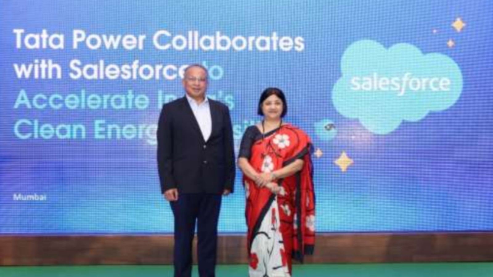 Dr. Praveer Sinha of Tata Power and Arundhati Bhattacharya of Salesforce at the announcement of Tata Power’s collaboration with Salesforce to support digital transformation of its renewable energy operations.