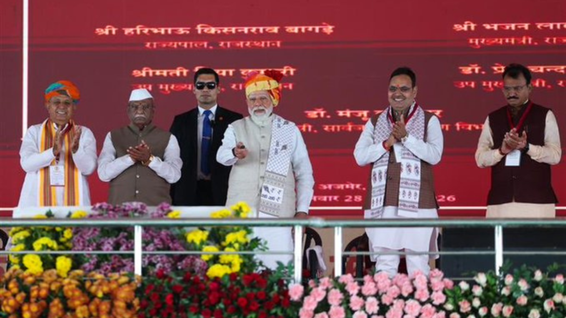 Prime Minister Narendra Modi at the inauguration ceremony of two Powergrid transmission projects in Rajasthan designed to evacuate renewable energy from the Bhadla region.