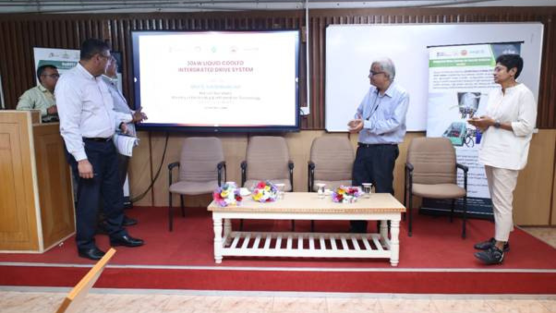 Officials at IIT Madras during the launch of an indigenously developed 30 kW Wide Band Gap-based integrated drive system for electric vehicles developed by C-DAC with industry partners.