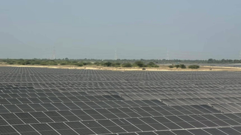 Ground-mounted solar panels spread across a large utility-scale solar project site in Banaskantha district, Gujarat, developed for Coal India Limited.