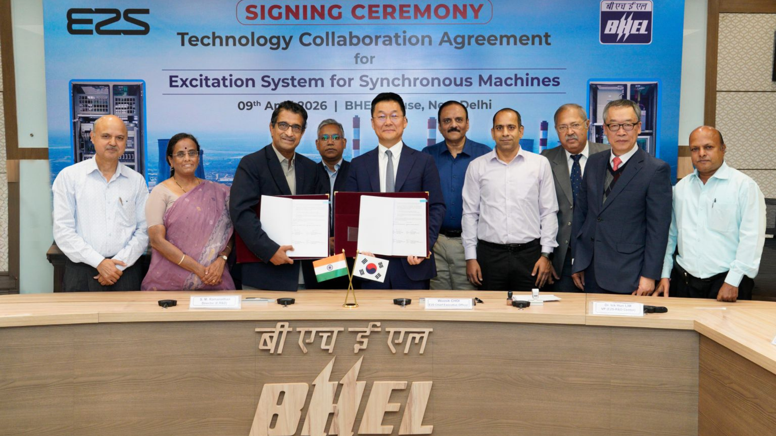 Officials from BHEL and South Korea’s E2S hold signed agreements at a New Delhi ceremony for a technology collaboration on excitation systems for synchronous machines, April 9, 2026.