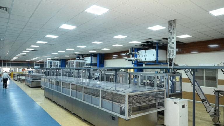 Interior view of Eveready’s alkaline battery manufacturing plant in Jammu showing automated production lines and assembly equipment.