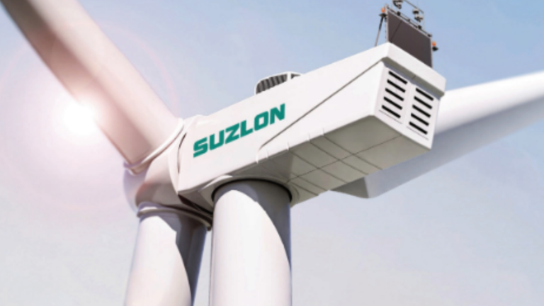 Close-up of Suzlon wind turbine nacelle and blades, representing Blue Sky platform launched at WindEurope 2026