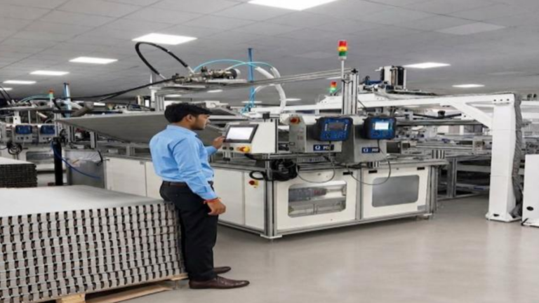 Fujiyama Power Systems employee operating solar panel manufacturing equipment at the company’s Ratlam facility in Madhya Pradesh