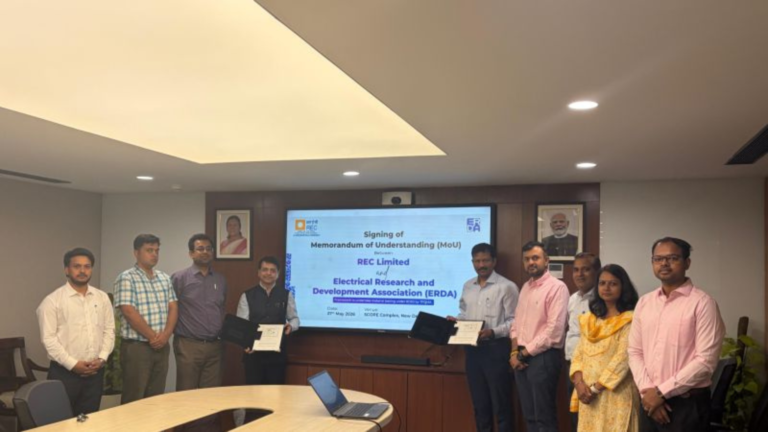 Officials from REC Limited and Electrical Research and Development Association (ERDA) during the signing of an MoU for quality testing and technical collaboration under the Revamped Distribution Sector Scheme (RDSS) at SCOPE Complex, New Delhi.