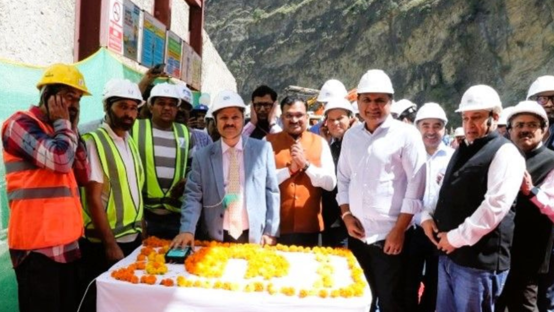 NHPC officials and project personnel wearing safety helmets during the inauguration of construction activities for the 260 MW Dulhasti Stage-II hydropower project in Jammu & Kashmir on May 27, 2026.