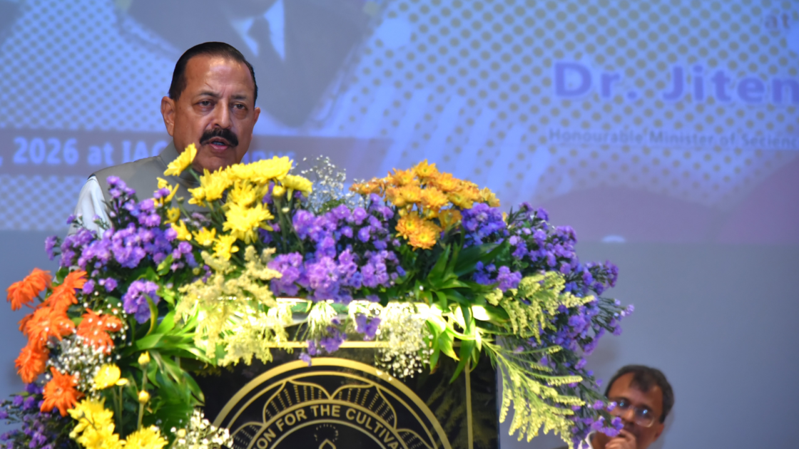 Union Minister Jitendra Singh addresses the audience during the inauguration of an indigenous Plasma Enhanced Chemical Vapour Deposition (PECVD) system at the Indian Association for the Cultivation of Science (IACS) in Kolkata.