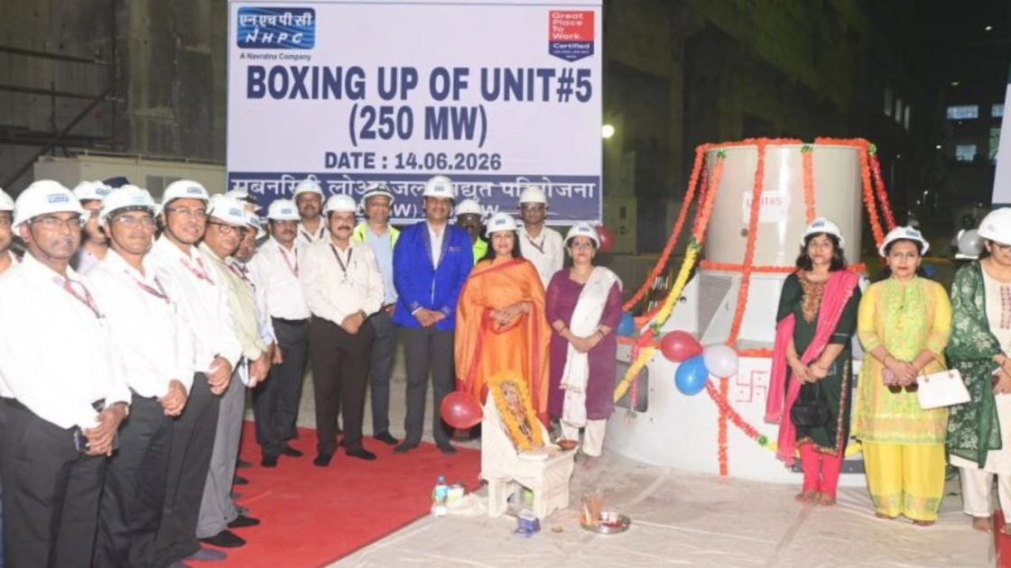 NHPC officials and project staff during the boxing-up ceremony of Unit 5 (250 MW) at the 2,000 MW Subansiri Lower Hydroelectric Project on June 14, 2026.