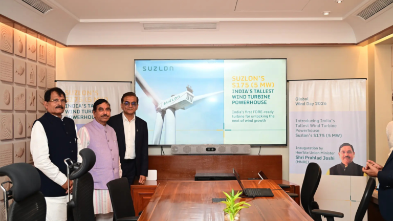 Union Minister Prahlad Joshi and Suzlon officials at the launch of the S175 (5 MW), India’s tallest wind turbine, during a Global Wind Day 2026 event.
