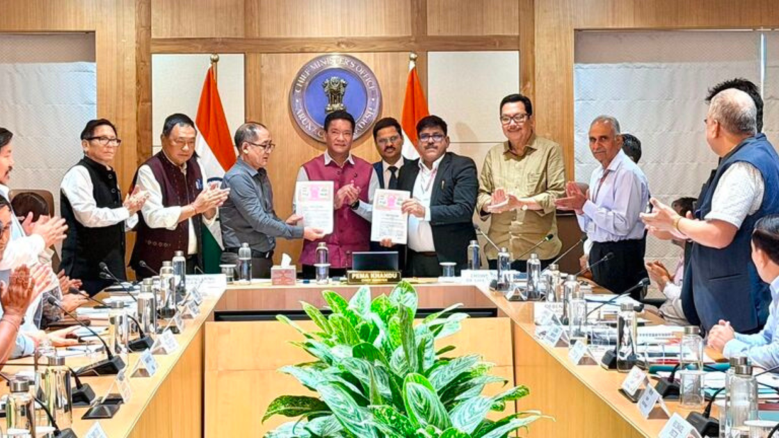 Officials from NHPC and the Government of Arunachal Pradesh exchange signed agreement documents for the 3,097 MW Etalin Hydro Electric Project during a meeting in Itanagar on June 16, 2026, with senior government and company representatives in attendance.