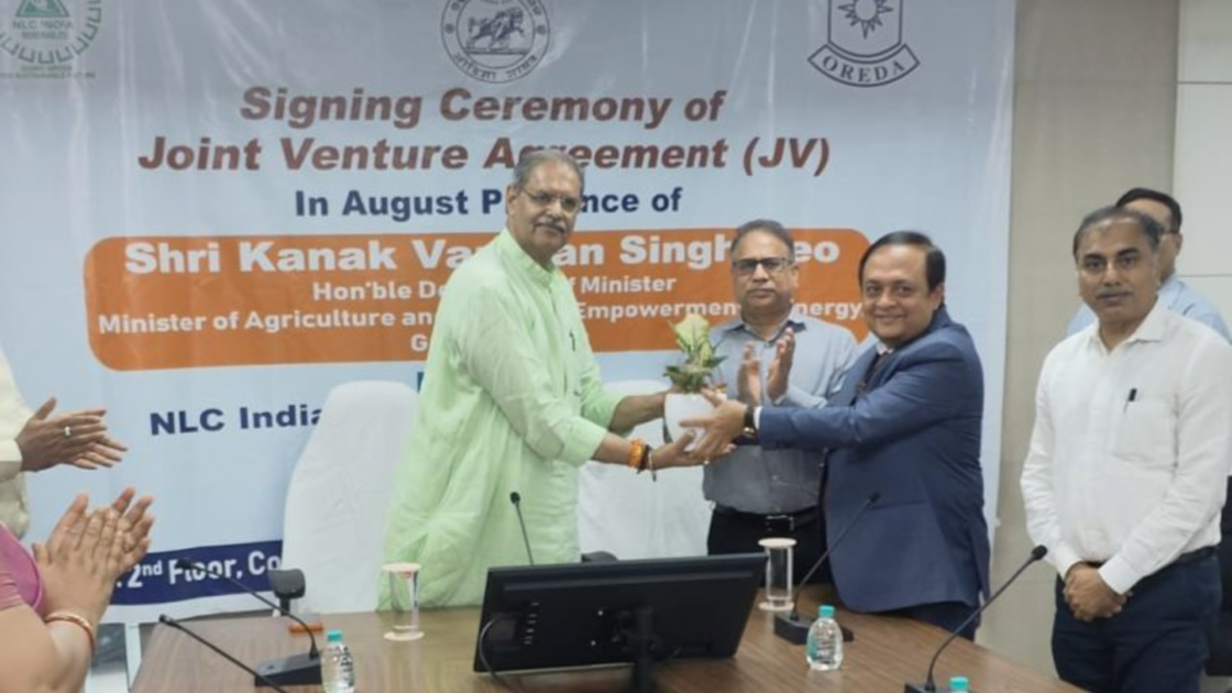 Officials from NLC India Renewables Limited and the Odisha Renewable Energy Development Agency participate in the signing ceremony of a joint venture agreement to develop 1,000 MW of renewable energy projects in Odisha, in the presence of Deputy Chief Minister and Energy Minister Kanak Vardhan Singh Deo.