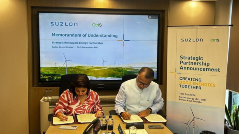 Representatives of CtrlS Datacenters and Suzlon Energy sign a memorandum of understanding (MoU) for the development of up to 250 MW of wind power projects in Maharashtra