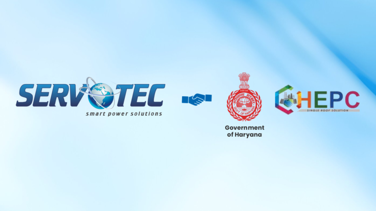 Servotech Renewable Power System Ltd. and Haryana Enterprises Promotion Centre (HEPC) logos displayed alongside the Government of Haryana emblem, representing the signing of an MoU for a proposed Rs 400 crore investment in manufacturing and warehousing expansion in Haryana.