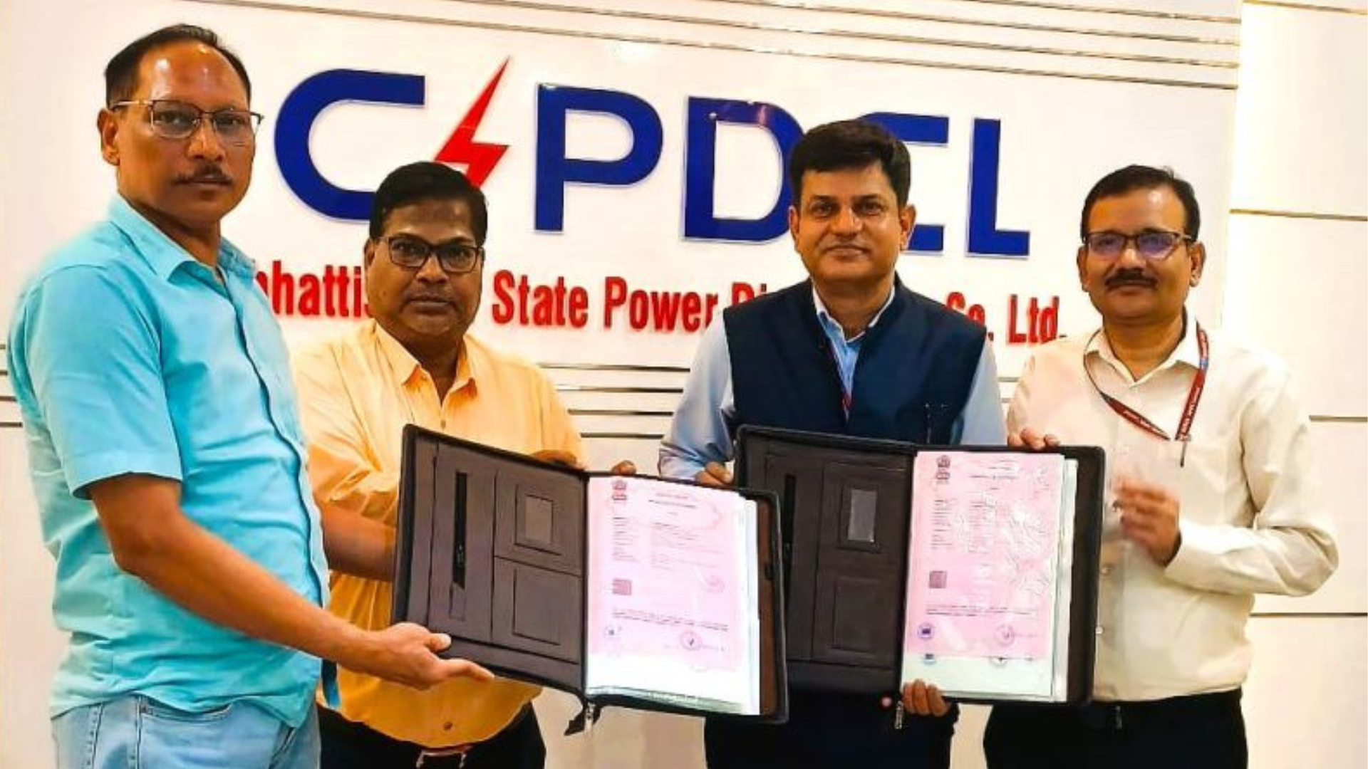 Officials from NHPC Limited and Chhattisgarh State Power Distribution Company Limited (CSPDCL) display signed documents after executing a 40-year Power Purchase Agreement for electricity supply from the 1,720 MW Kamala Hydro Electric Project in Arunachal Pradesh at Raipur on July 14, 2026.