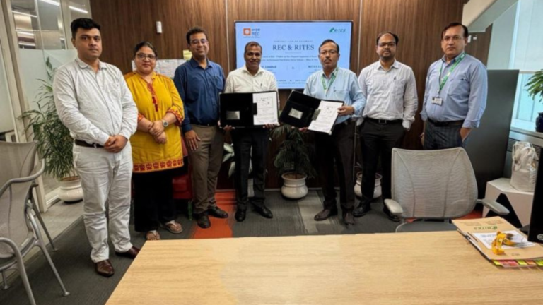Officials from REC Limited and RITES Limited pose with signed contract documents at REC's corporate office in Gurugram following the signing ceremony.